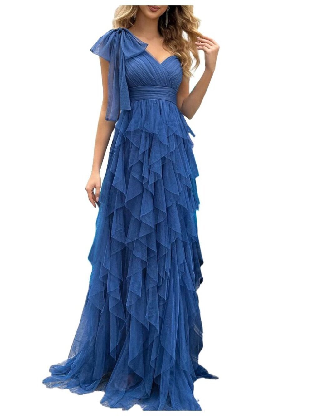 NWT "L" VOUIAO Tulle Dress Elegant One Shoulder Evening Party Gown Maxi Blue